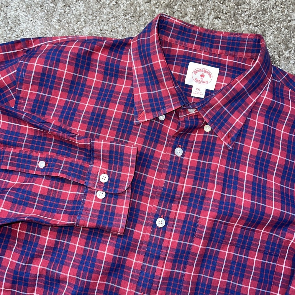 Brooks Brothers Red Fleece Mens Plaid Button Down Shirt XXL Red Blue 100% Cotton